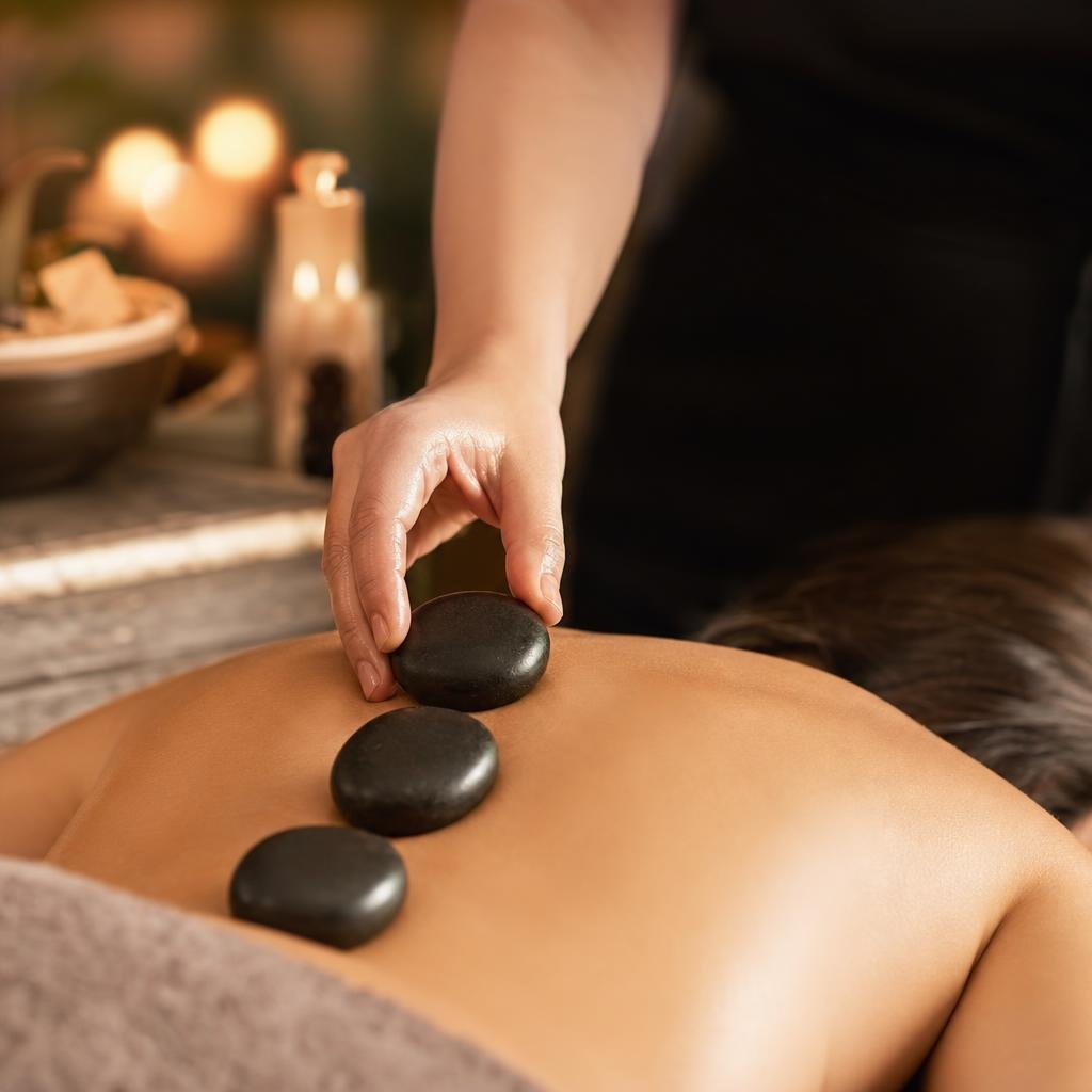 Certified therapist performing hot stone massage at Beauty Bar Spa